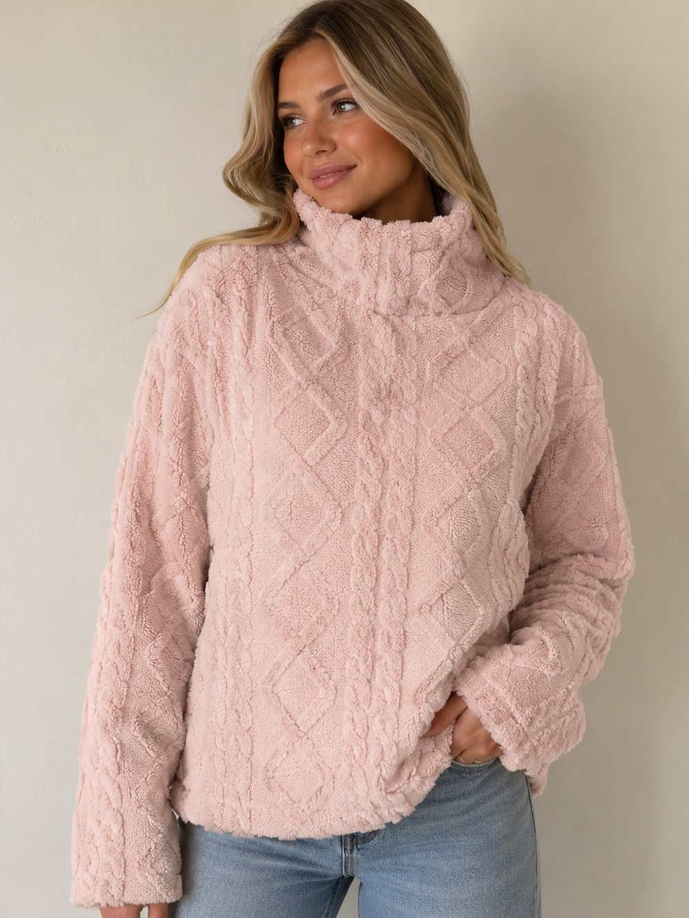 Eddie Bauer Light Pink Cable-Knit Faux-Sherpa Turtleneck Sweater